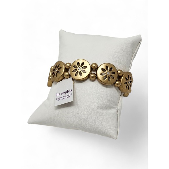 NWT Lia Sophia - Flower "Daisy Chain" Matte Gold Stretch Bracelet - Picture 2 of 10